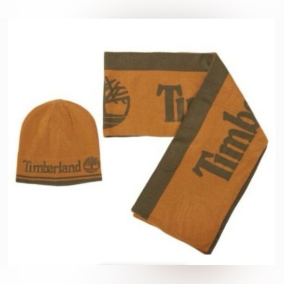 NWT Timberland Men’s Reversible Logo Jacquard Hat & Scarf Set